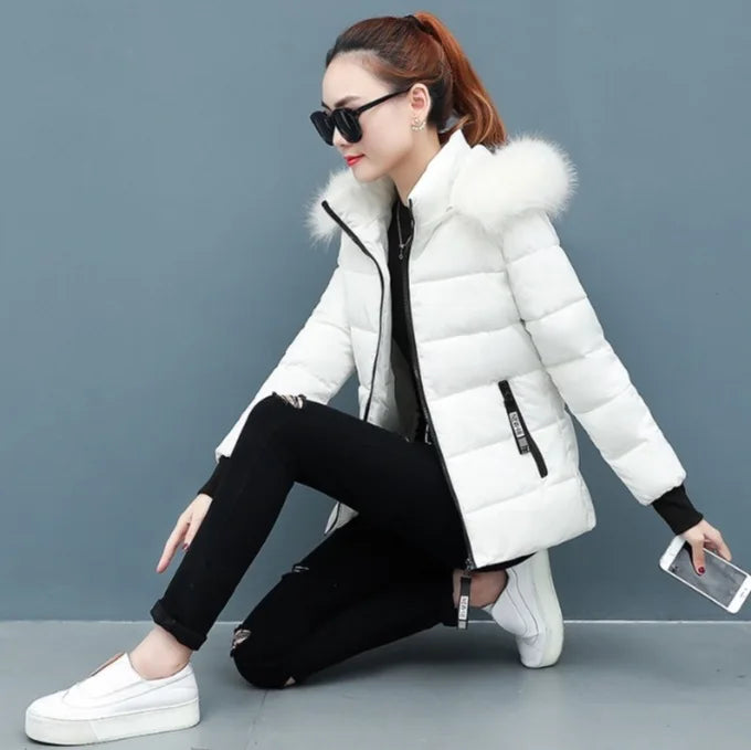 Solid Color Detachable Hooded Hair Collar Slim-fit Cotton-padded Jacket, Women's Winter New Warm Casual Stand Collar Padded Coat