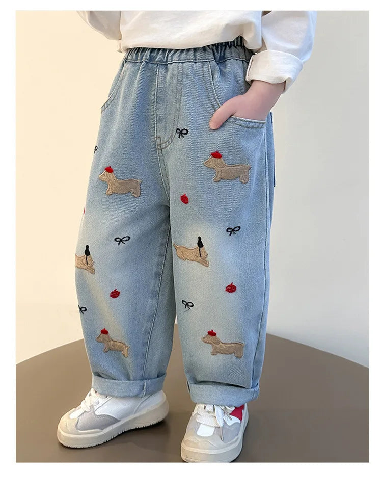 2025 New Girls Jeans Loose Straight Leg Pants for Toddler Baby Casual Wear Spring Autumn