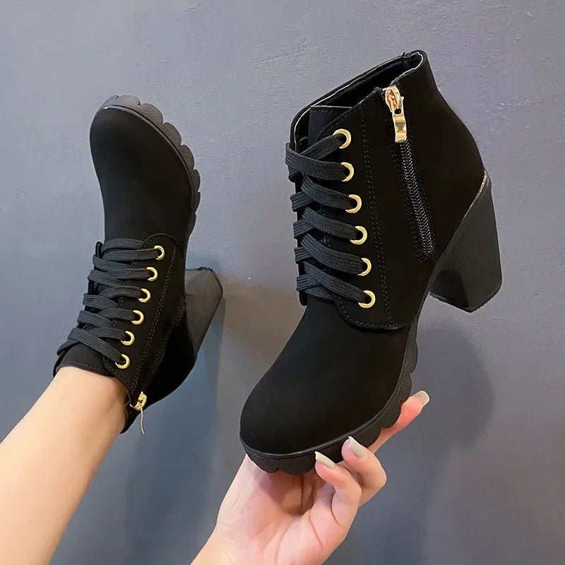 Women Boots Lace Up Ankle Boots Spring Fashion Outdoor Pumps Boots Black Buckle High Heel Boot Plus Size Platform Women Shoes