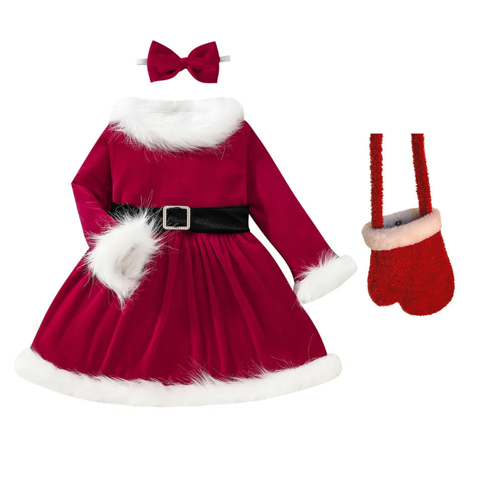 Children Christmas Party Dress Velvety with Fluffy Trim Hooded V-Neck Xmas Gown with Waist Bow Girl Red Christmas Dress