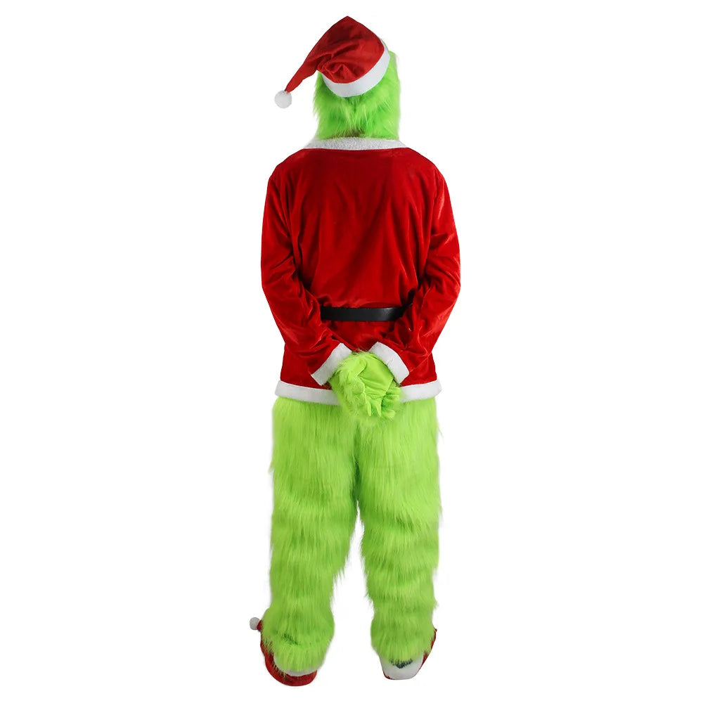 Disfraz de Grinch para Navidad: Máscara de peluche, pantalones, guantes, gorro rojo de Papá Noel, camiseta, calcetines. ¡Regalo perfecto para Navidad!