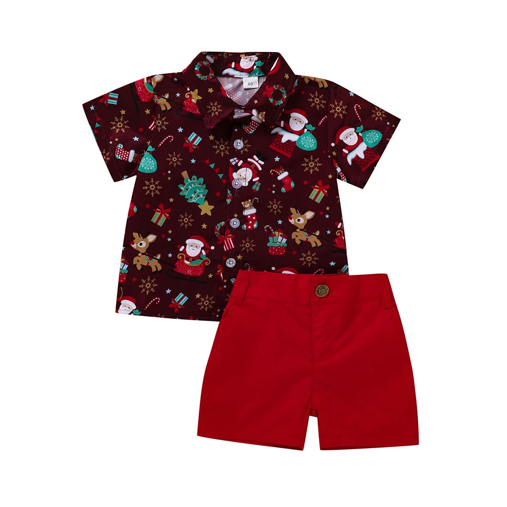 Ceeniu 1-5Y New Year Costume For Boy Christmas Outfit Santa Deer Printed Necktie Shirts and Red Pants Children Christmas Clothes
