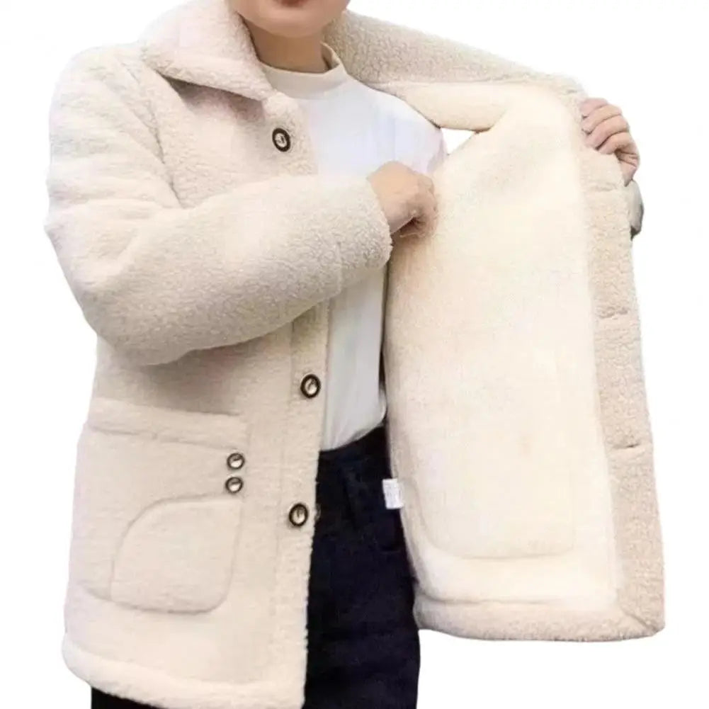 Winter Fleece Coat Thickened Single-breasted with Side Pockets Turn-down Collar Coldproof Solid Color Long Sleeves Outwear Jacke