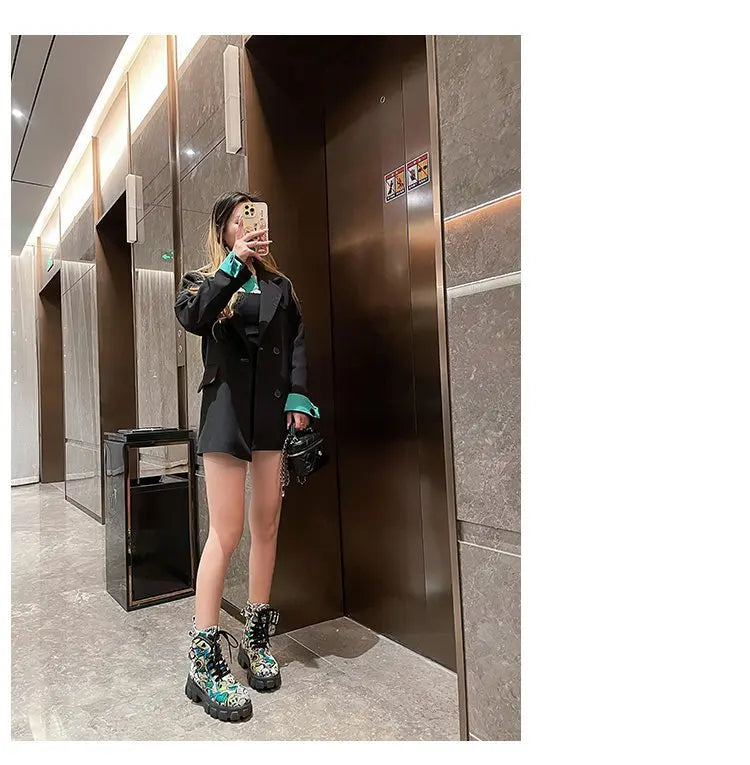 Thick-soled Women's Ankle Boots Fashion Printed Women Shoes High Quality Non-slip Motorcycle Boots New Gothic Style Women Boots