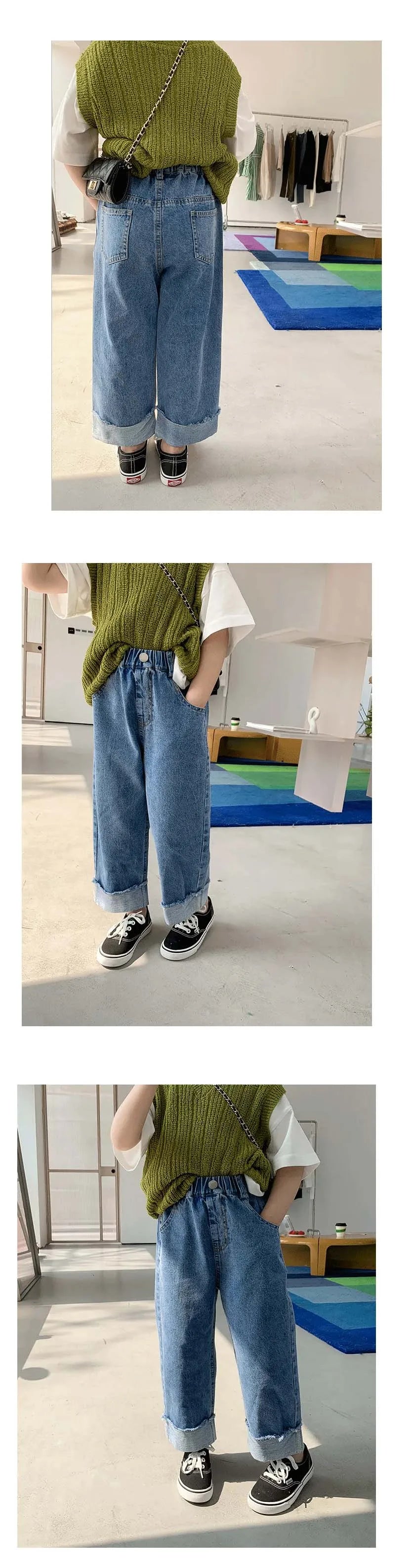 spring summer autumn kids crimped wide leg jeans girls loose thin denim pants children fashion casual trousers 2-10 years girl