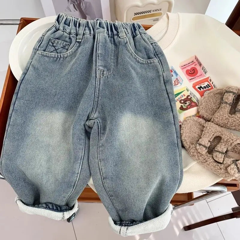 New Boys' All in One Fleece Jeans Autumn and Winter Children's Stylish Warm Pants Kids Handsome Elastic Trousers