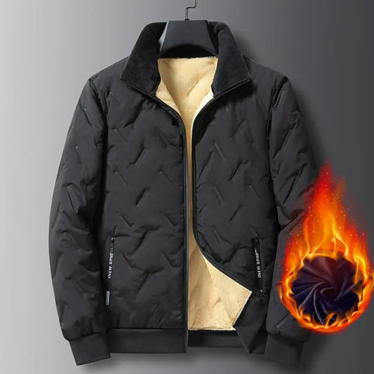 Men Parkas For Winter Lapel Embossed Lines Zipper Pockets Jacket Solid Color Plush Lining Elastic Hem Male Coat For Outdoor
