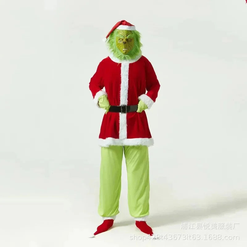 Disfraz de Papá Noel de primera calidad, conjunto de disfraces navideños, ropa de cosplay, Papá Noel friki, pelo verde, Grinch friki, ropa para actuaciones