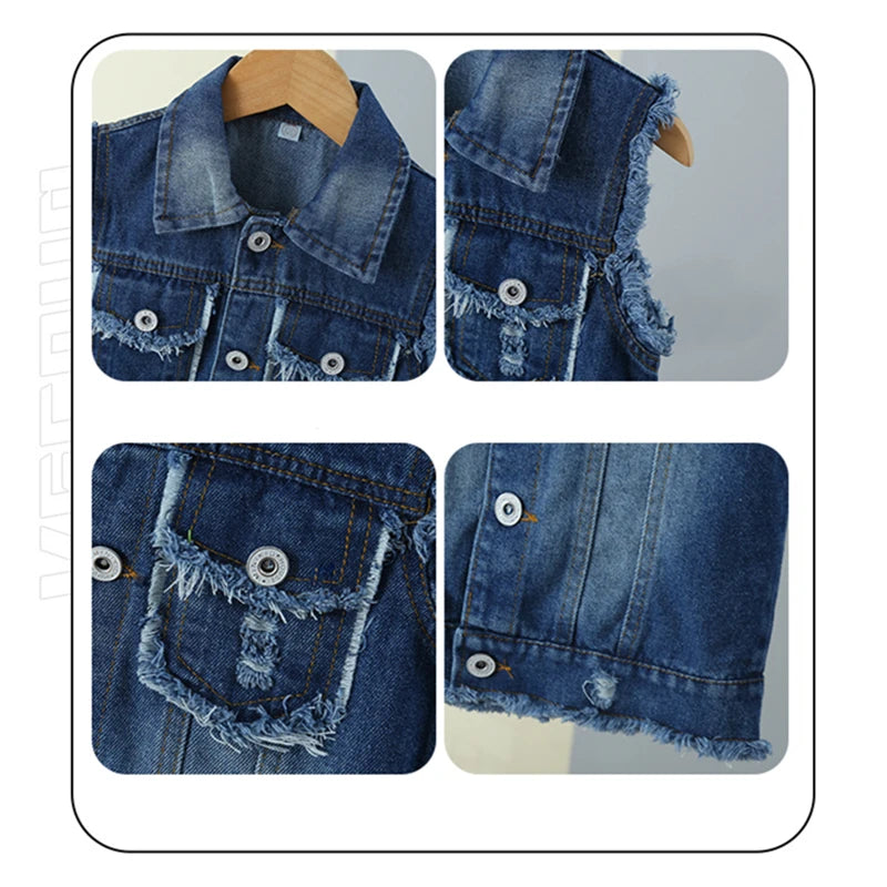 Elegant Unisex Kids Denim Waistcoat with Raw Hem for Boys Girls Casual Sleeveless Jeans Jacket Vest Child Fashion Waist Coat