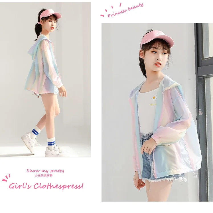 New Girls Summer Sun Protection Coat Rainbow Thin Style Fashion Princess Jacket Outdoor Activity 3-12 Years Children Clothing