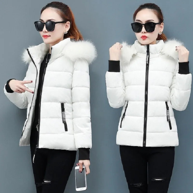 Solid Color Detachable Hooded Hair Collar Slim-fit Cotton-padded Jacket, Women's Winter New Warm Casual Stand Collar Padded Coat