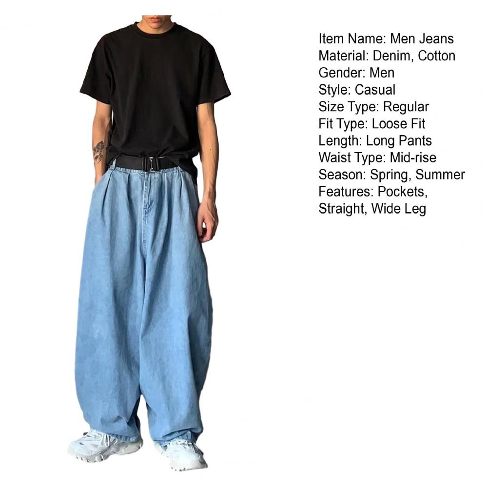 Pantalones vaqueros de tiro medio para hombre, cintura elástica, bolsillos, color liso, holgados, pierna ancha, ropa de calle