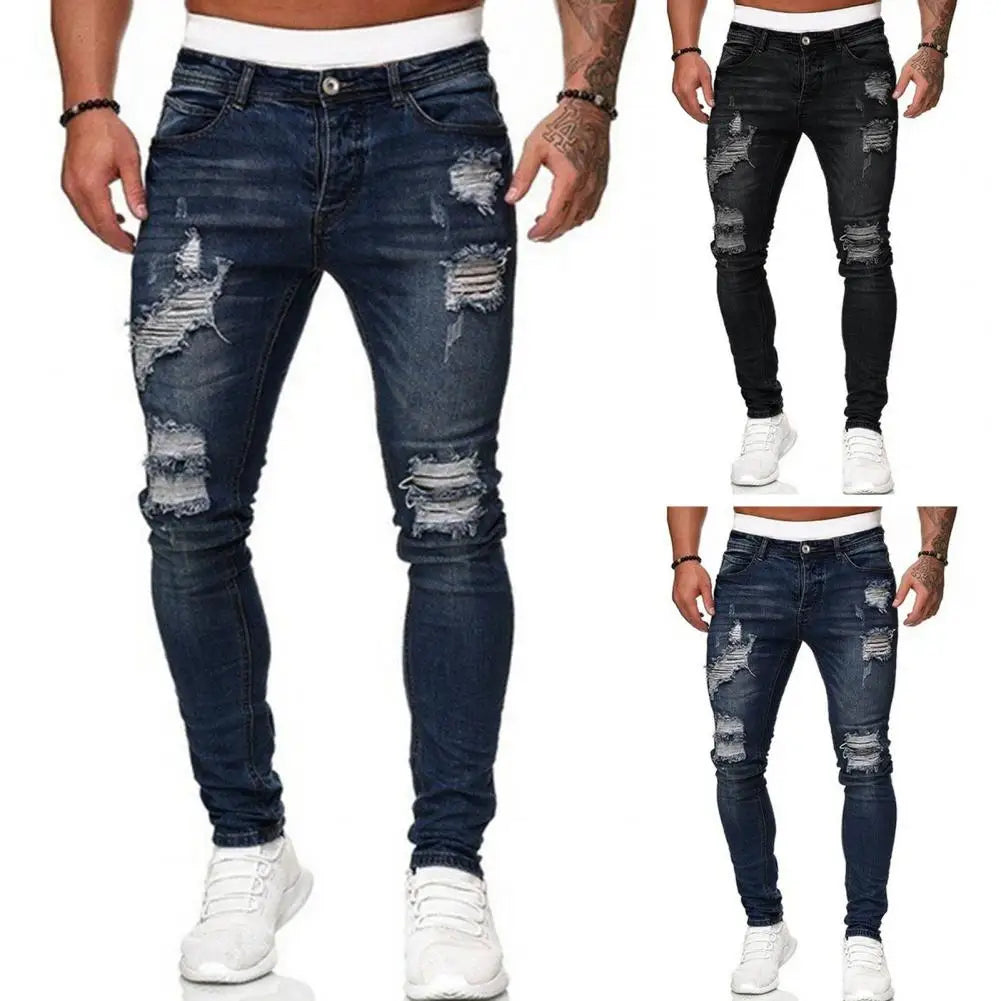 Pantalones vaqueros ajustados para hombre, elásticos, pintados, ajustados, rotos, desgastados, plisados, con parches en las rodillas, pantalones vaqueros casuales de marca para hombre