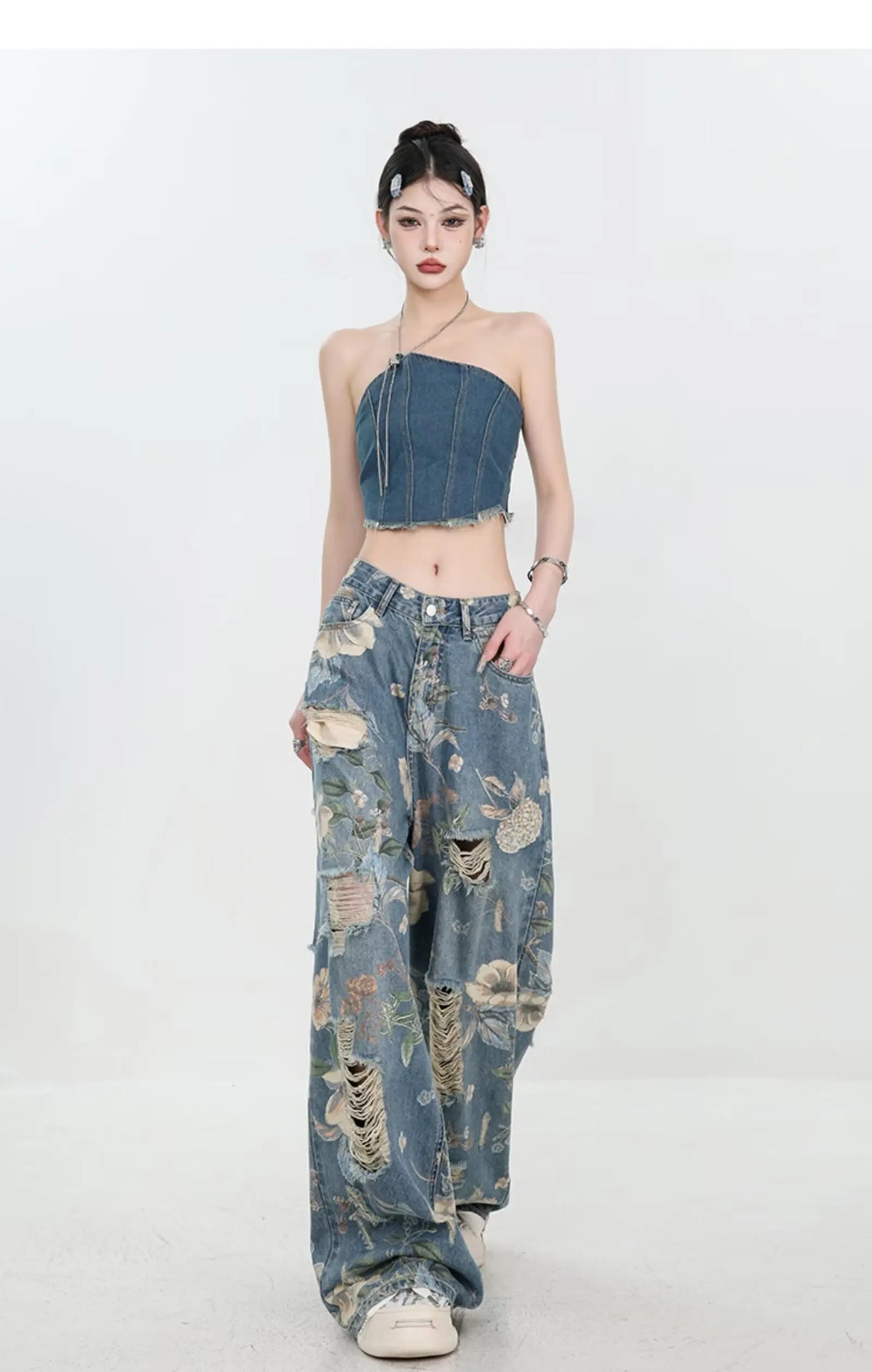American Street Print Jeans For Women Trendy Style Loose And Versatile Floor-length Wide-leg Pants With A Versatile Design