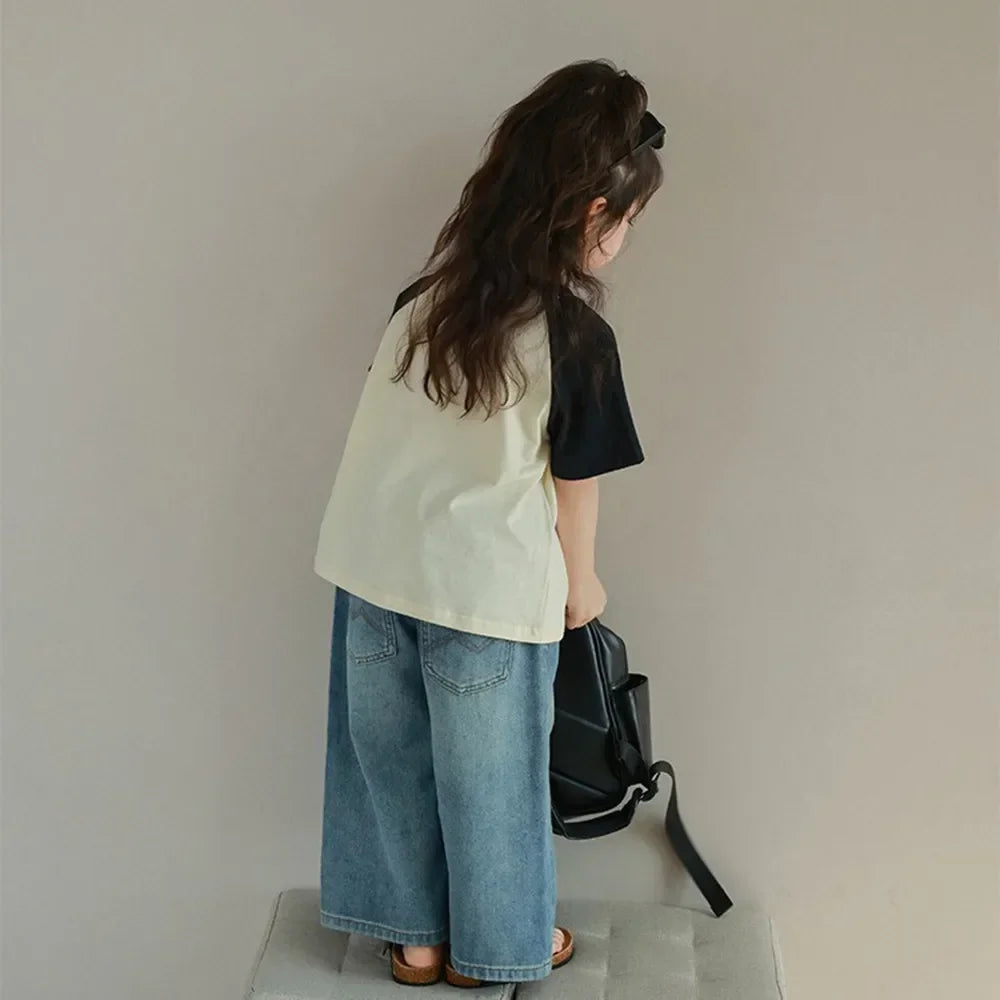 Versión coreana, moda primavera y otoño, nuevos jeans de pierna recta para niñas, ropa casual básica y versátil para niños de 3 a 7 años.