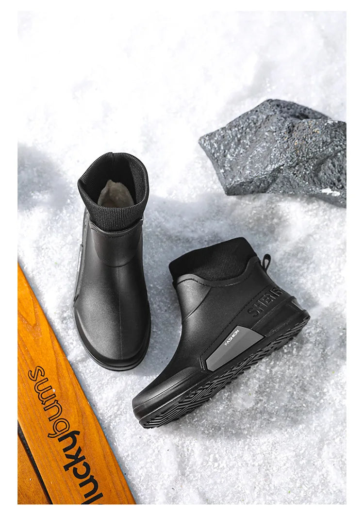 Waterproof Ankle Rain Boots for Men Chef Kitchen Fleece-lined Man Shoes Work Fashion Rainy Day Non-slip Garden Fishing Wellies