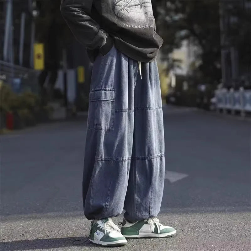 Men Denim Jeans Wide Leg Pants Cargo Long Pant Splice High Waist Loose Casual Button Pocket Straight Trousers Autumn Winter