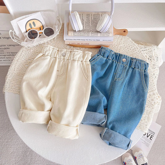 Vaqueros suaves de cintura alta para niños: pantalones casuales de color liso para bebés y niños, estilo coreano, otoño.