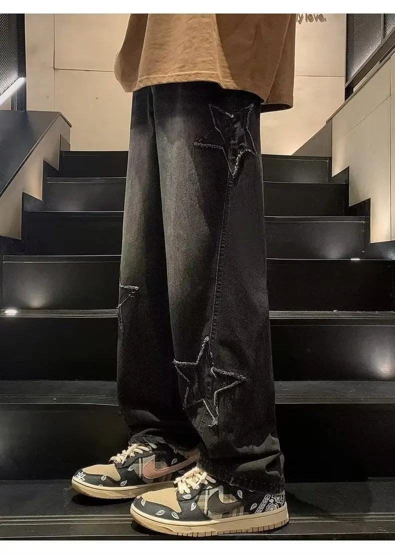 Pantalones vaqueros rectos informales con bordado de estrellas para hombre, estilo gótico, neutros, nuevos, holgados, de pierna ancha, estilo hip-hop, estilo urbano, pantalones vaqueros Y2K para hombre