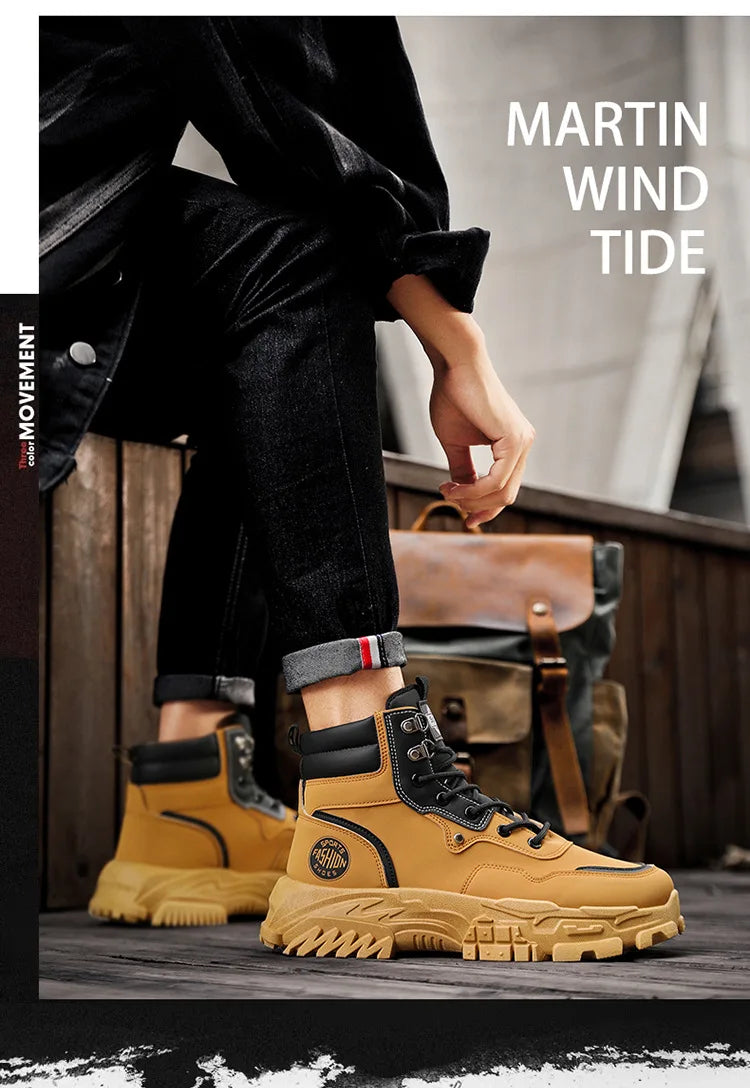 Botas de hombre de algodón, estilo británico, de caña alta, con refuerzos de PU, suela gruesa, cierre de cordones, cómodas y antideslizantes, ideales para deportes de montaña.