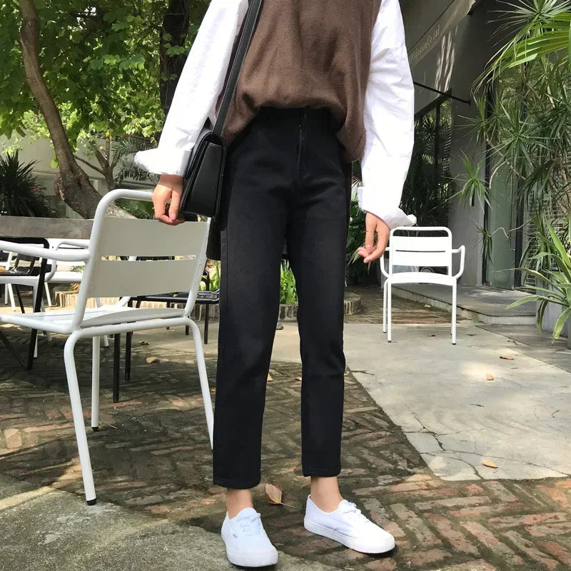 Pantalones vaqueros rectos de cintura alta, holgados, informales, de corte petite, color negro, para mujer, primavera y otoño de 2024