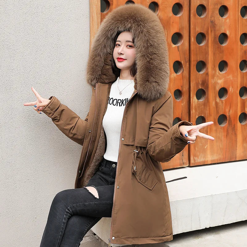 Women Parka Fashion  2023 Winter Jacket Slim with Fur Collar Warm Snow Wear Padded Clothes Long Coat Wool Liner Hooded Parkas
