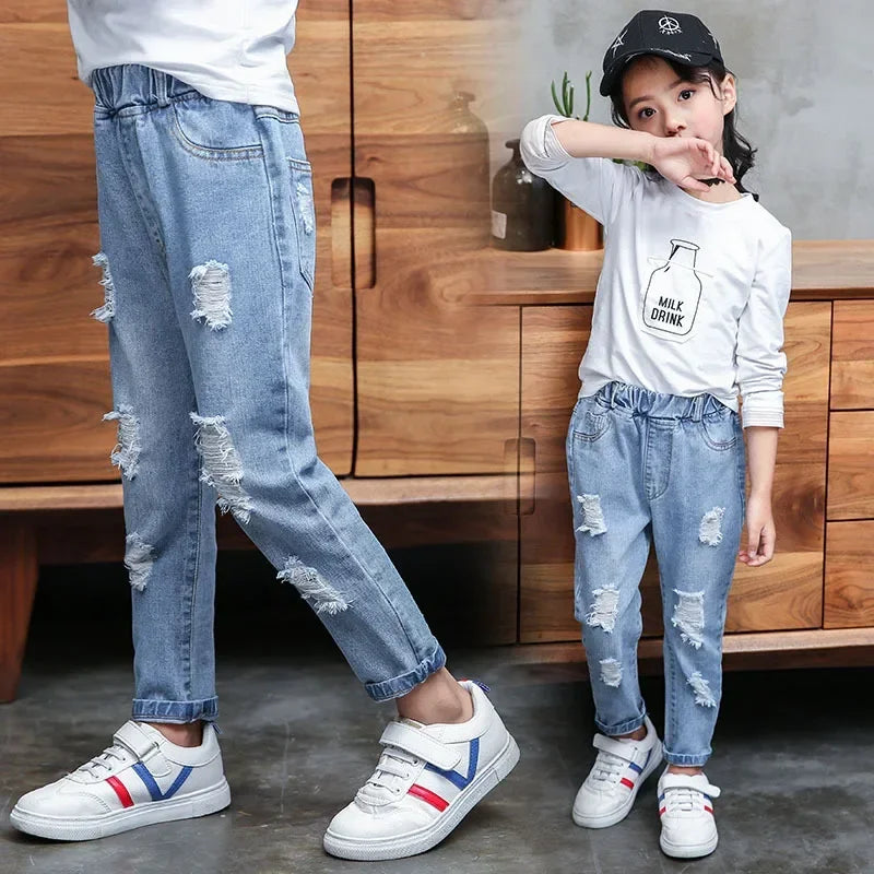 Pantalones vaqueros de moda para niños, vaqueros rotos para adolescentes, pantalones con agujeros, ropa informal para niños, pantalones vaqueros atractivos para primavera y otoño para niños y niñas.