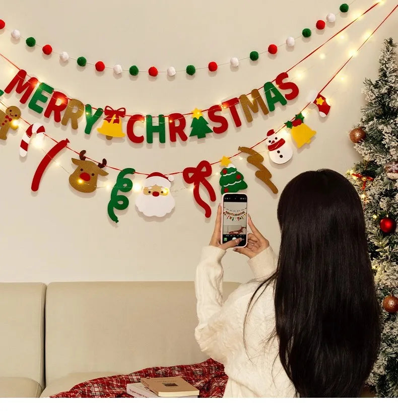 DIY Handmade Pull Flag Banner with LED Light String Merry Christmas Holiday Ornaments Home Room Background Christmas Decoration