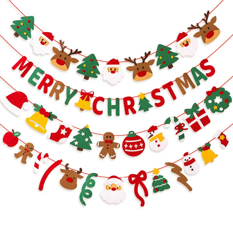 DIY Handmade Pull Flag Banner with LED Light String Merry Christmas Holiday Ornaments Home Room Background Christmas Decoration