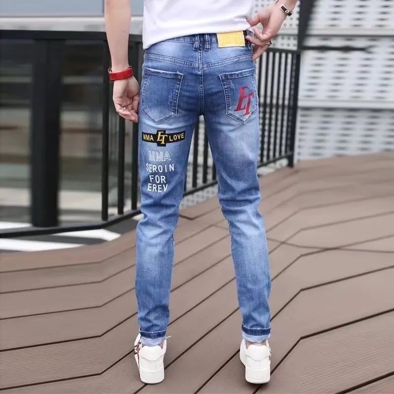 Men Jeans Fashion Street Hip-Hop Jeans Male Punk Style Denim Pants Summer Spring Men Stretchy Slim Fit High Quality Mans Jeans