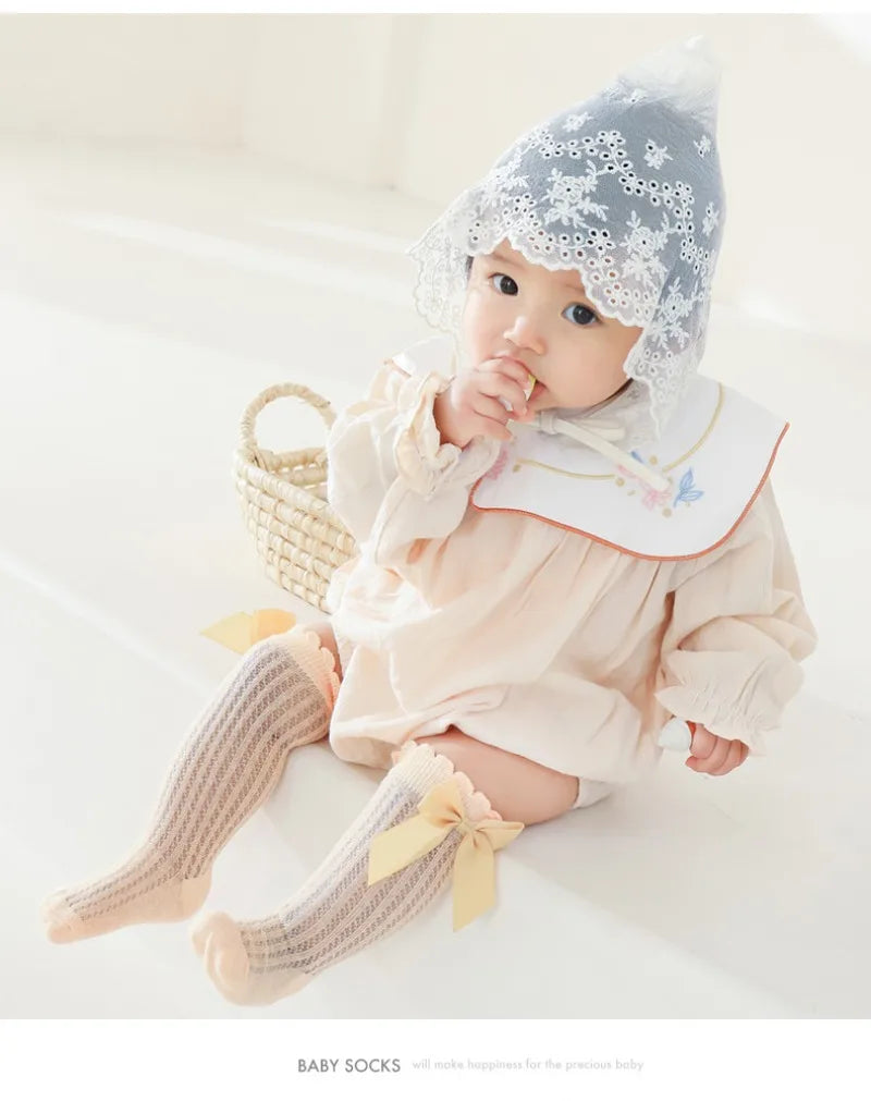 0-2Years Baby Girl Socks with Bow Summer Toddler Baby Cotton Mesh Knee Socks Newborn Infant Non-slip Baby Princess Long Socks