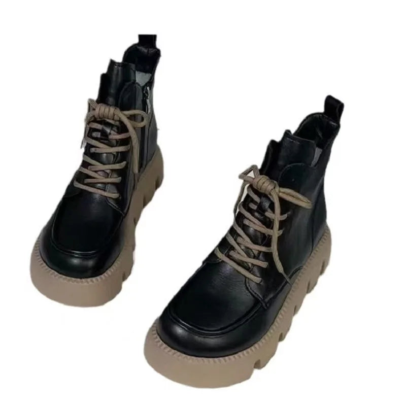 Botas retro de cuero suave para mujer, nuevas botas altas y cortas con suela gruesa y correa de cabeza redonda para primavera y otoño