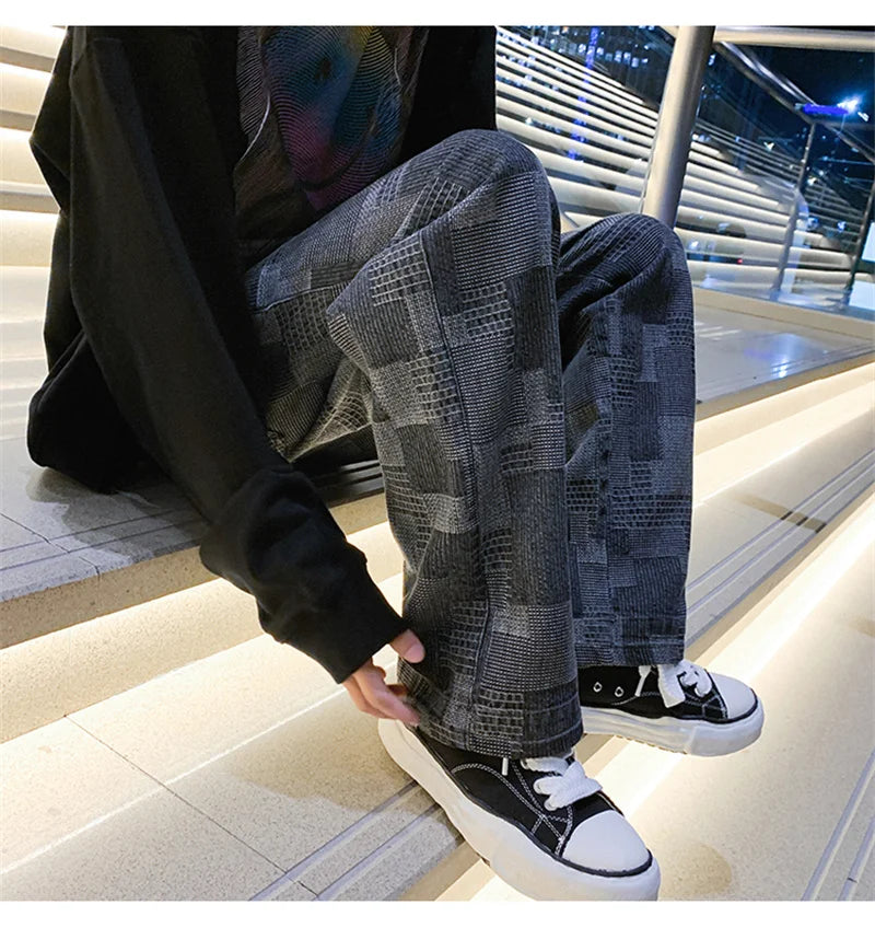 Autumn Blue Black Plaid Jeans For Men Y2K Vintage Wide-leg Jean High Street Loose Straight Denim Trousers Hip Hop Pantalones