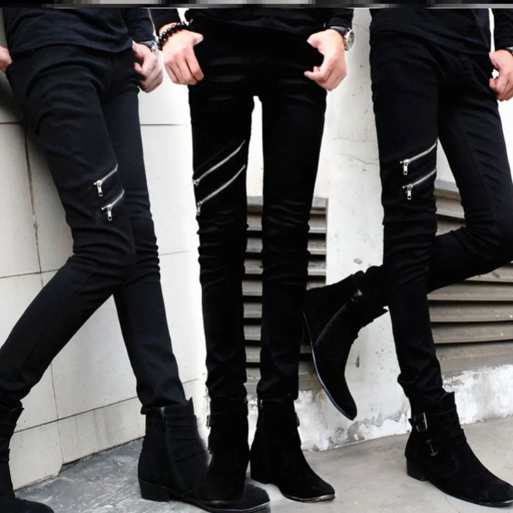 Pantalones vaqueros casuales con cremallera de diseñador para hombre, pantalones vaqueros de mezclilla, primavera y otoño 2024, nuevos pantalones de tubo elásticos negros ajustados de moda coreana para hombre