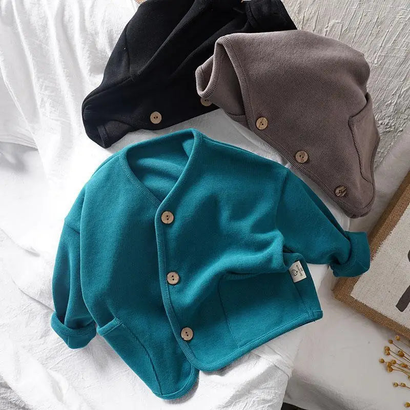 Korean 0-7Yrs Children's Loose Solid Color Long Sleeved Cardigan Autumn Style Pure Cotton Casual Top Jacket for Boys and Girls