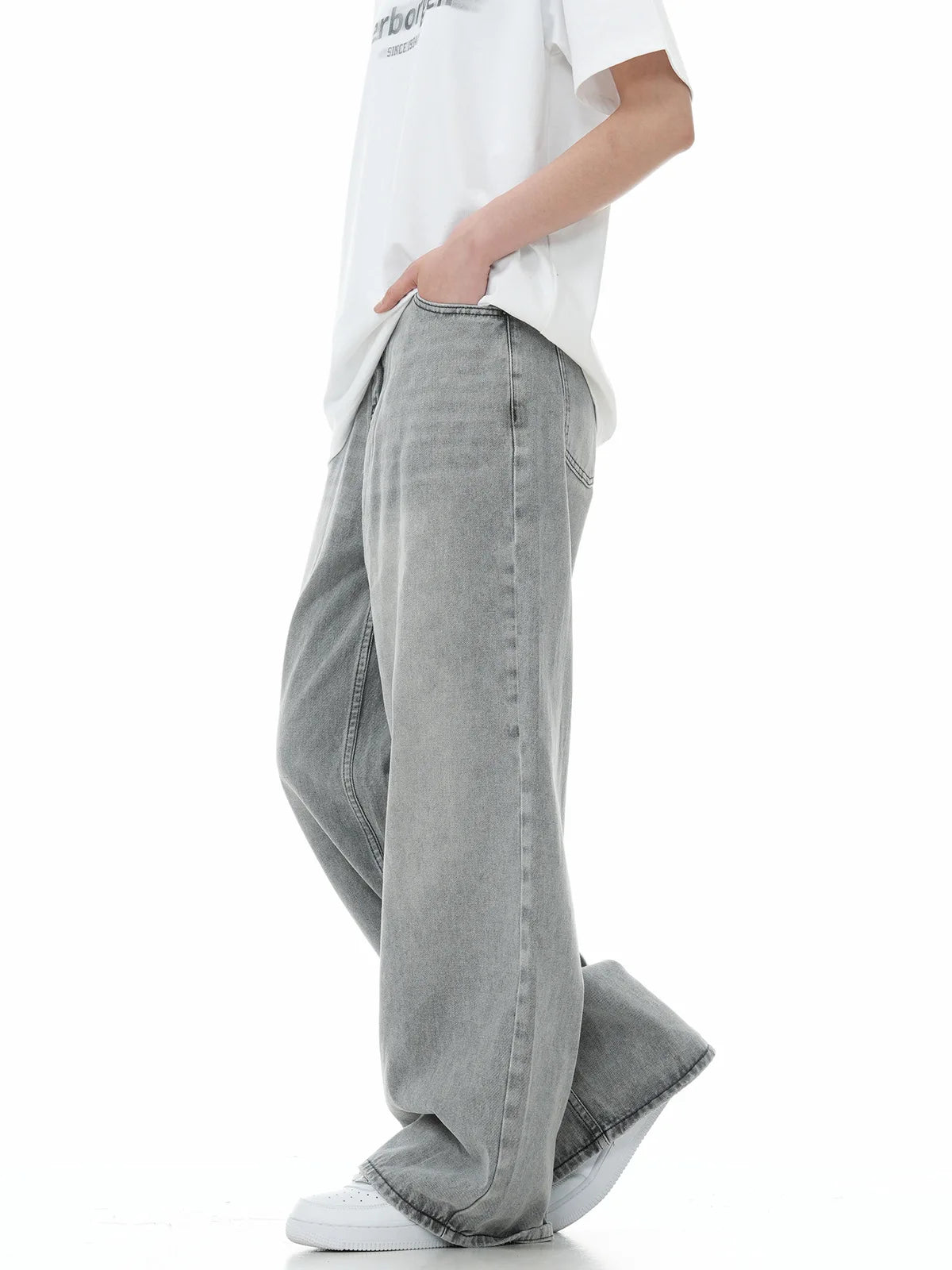 Men Floor Length Pant Jeans Denim Wide Leg Pants Loose Casual Straight Trousers Pocket High Waist Splice Autumn Winter