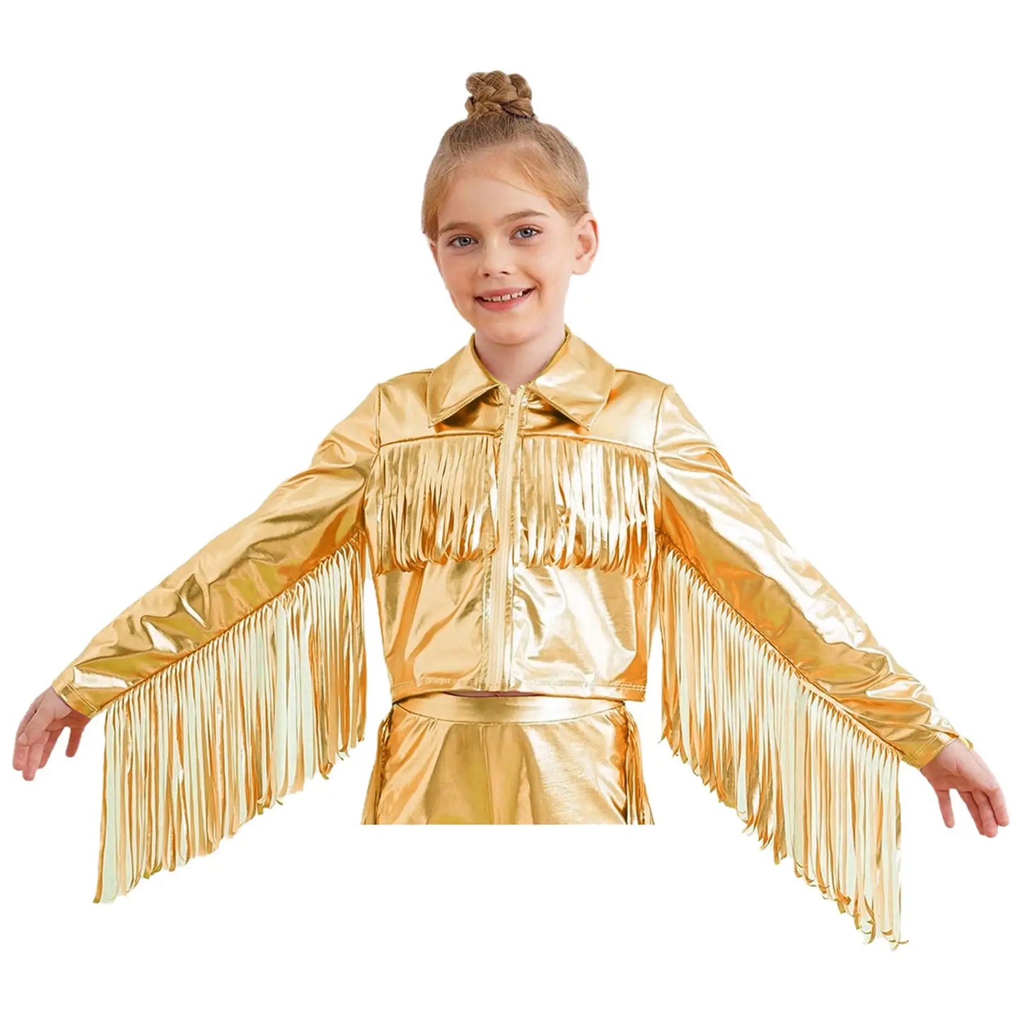 Kids Girls Tassels Metallic Jacket Top Fringe Shiny Turn-Down Collar Long Sleeve Zipper Jacket Coat for Hip Hop Street Dance