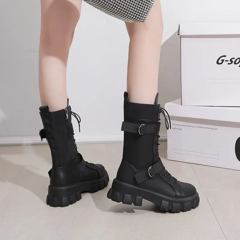Women's Mid-Calf Boots High Quality Casual Leather Boots Fashion Motorcycle Booties Designer Belt Buckle Knight Boots for Women
