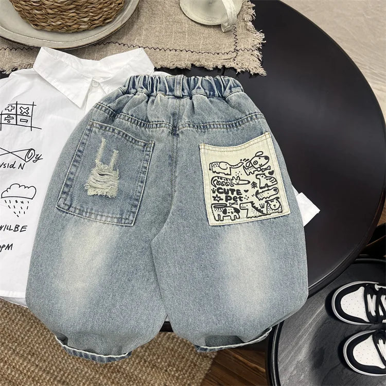 Boys Jean Pants Long Trousers Denim 2024 Blue Spring Autumn Baby's Kids Sport Teenagers Birthday Christmas Gift Children's Cloth