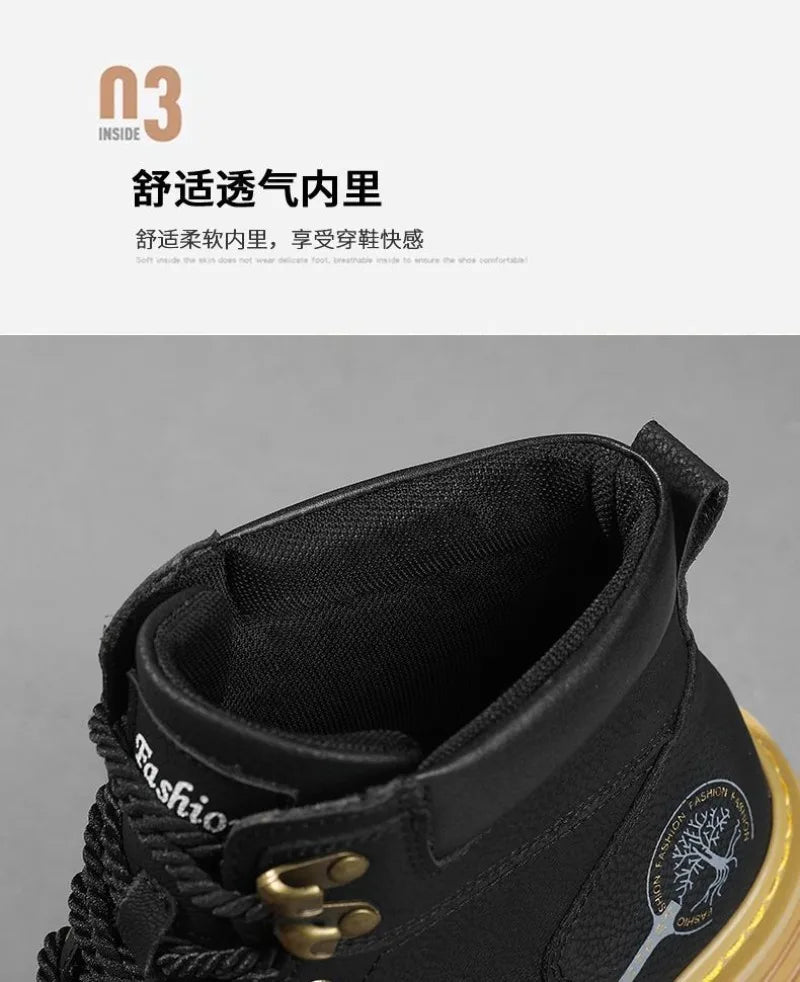 Botines de verano para hombre, cómodos botines de plataforma de cuero, botas de trabajo antideslizantes para hombre, botas altas de motociclista