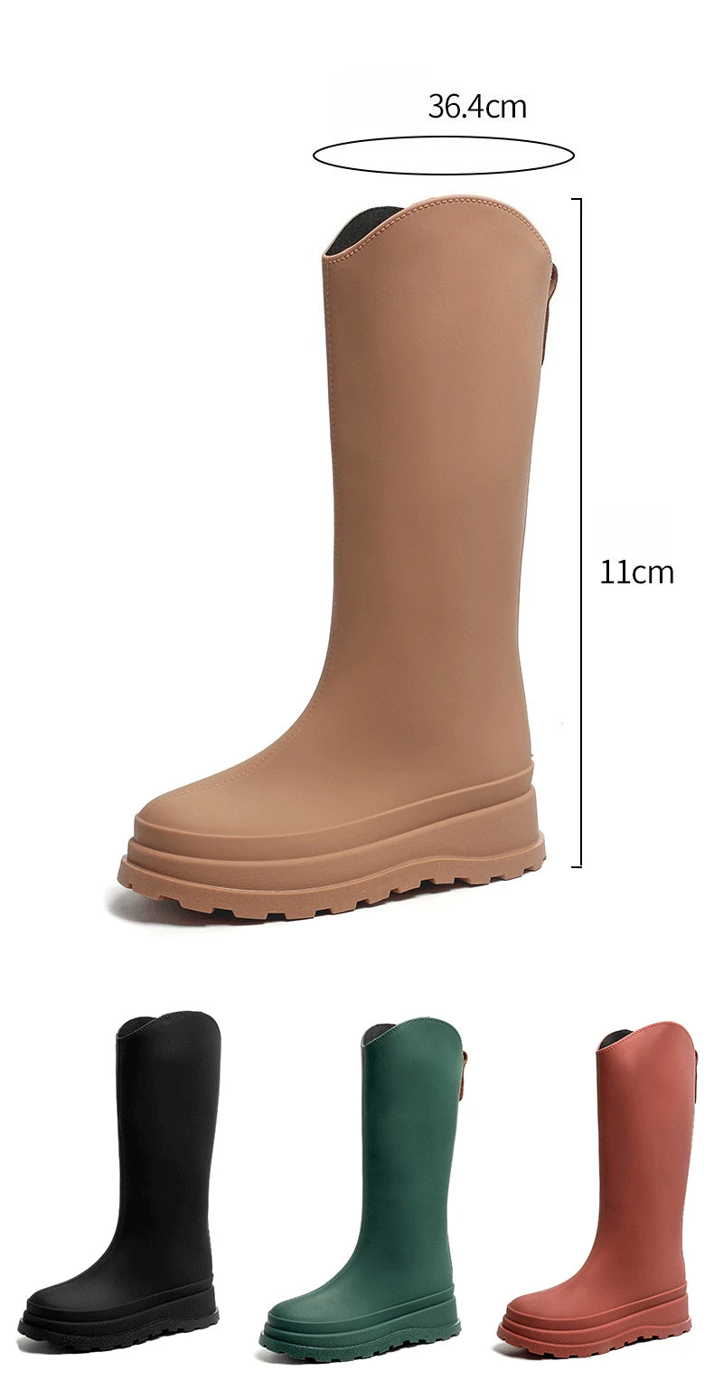 Botas de lluvia de PVC de caña alta para mujer, estilo británico, suela gruesa, impermeables, duraderas, para exteriores, de color sólido, antideslizantes