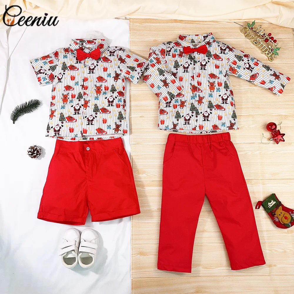 Ceeniu 1-5Y New Year Costume For Boy Christmas Outfit Santa Deer Printed Necktie Shirts and Red Pants Children Christmas Clothes