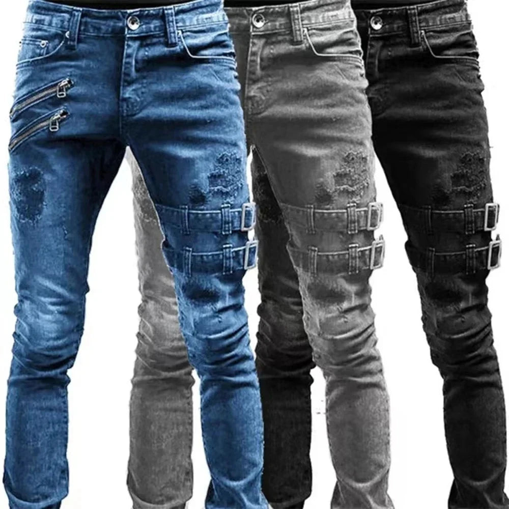 Pantalones vaqueros rectos de talla grande para hombre, primavera y verano, estilo boyfriend, ajustados, con cremallera, 3 colores, largos y casuales, 2024