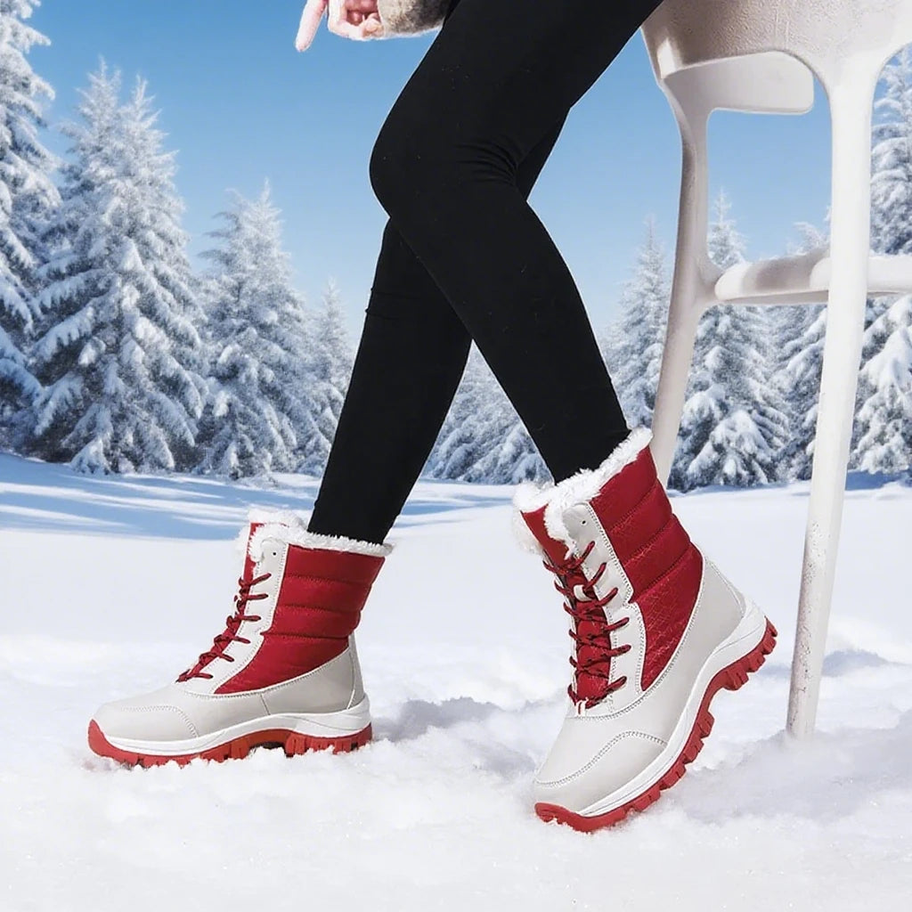 Winter Women's Waterproof High Heel Boots Strap Up Flat Heel Boots Warm Snow Shoes, Plush Outdoor Fashion Casual Boots