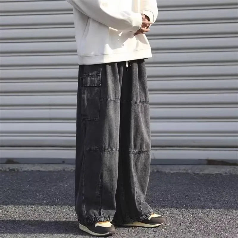 Men Denim Jeans Wide Leg Pants Cargo Long Pant Splice High Waist Loose Casual Button Pocket Straight Trousers Autumn Winter