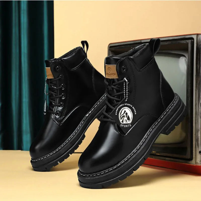 Bottes montantes pour hommes, chaussures en cuir, bottines de motard tendance, bottes d'hiver, chaussures à lacets pour hommes