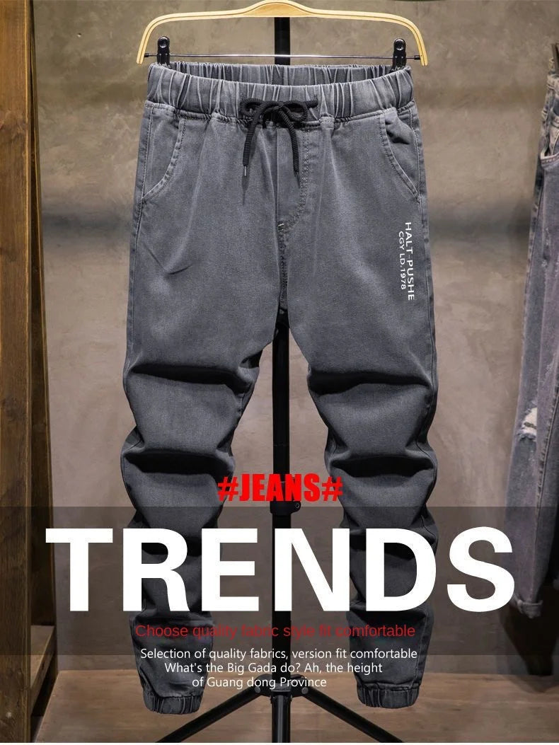 Pantalones vaqueros de mezclilla con cordón ajustable para hombre, versátiles, de moda para otoño, con cintura elástica, estilo harén, informales, para exteriores, 2022