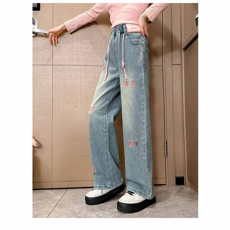 Pantalones vaqueros con letras para niñas, pantalón holgado e informal, elástico, recto, para primavera y otoño, de 2 a 12 años