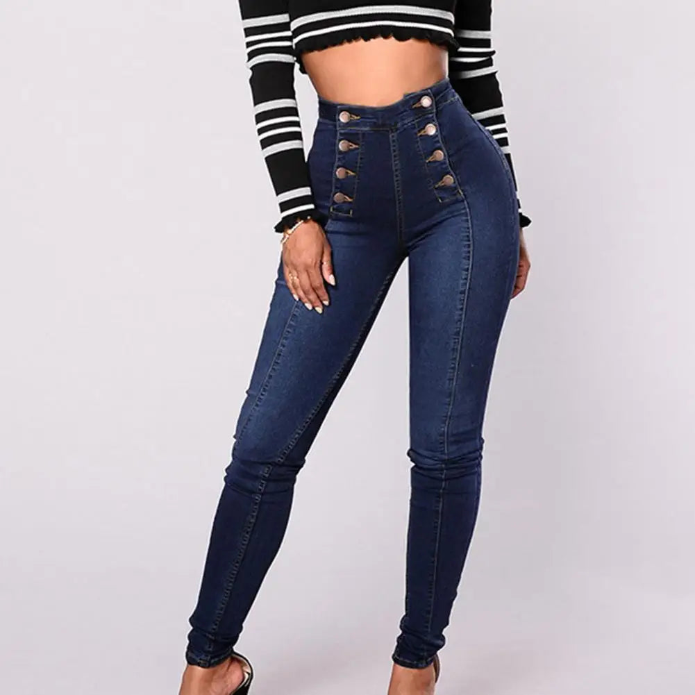 Vaqueros de cintura alta con botones decorativos y bolsillos para mujer, estilo push up, ajustados, cruzados, estilo urbano