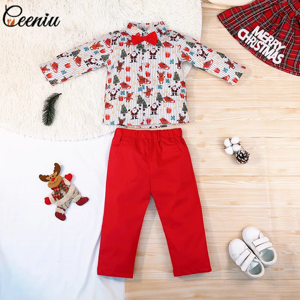 Ceeniu 1-5Y New Year Costume For Boy Christmas Outfit Santa Deer Printed Necktie Shirts and Red Pants Children Christmas Clothes